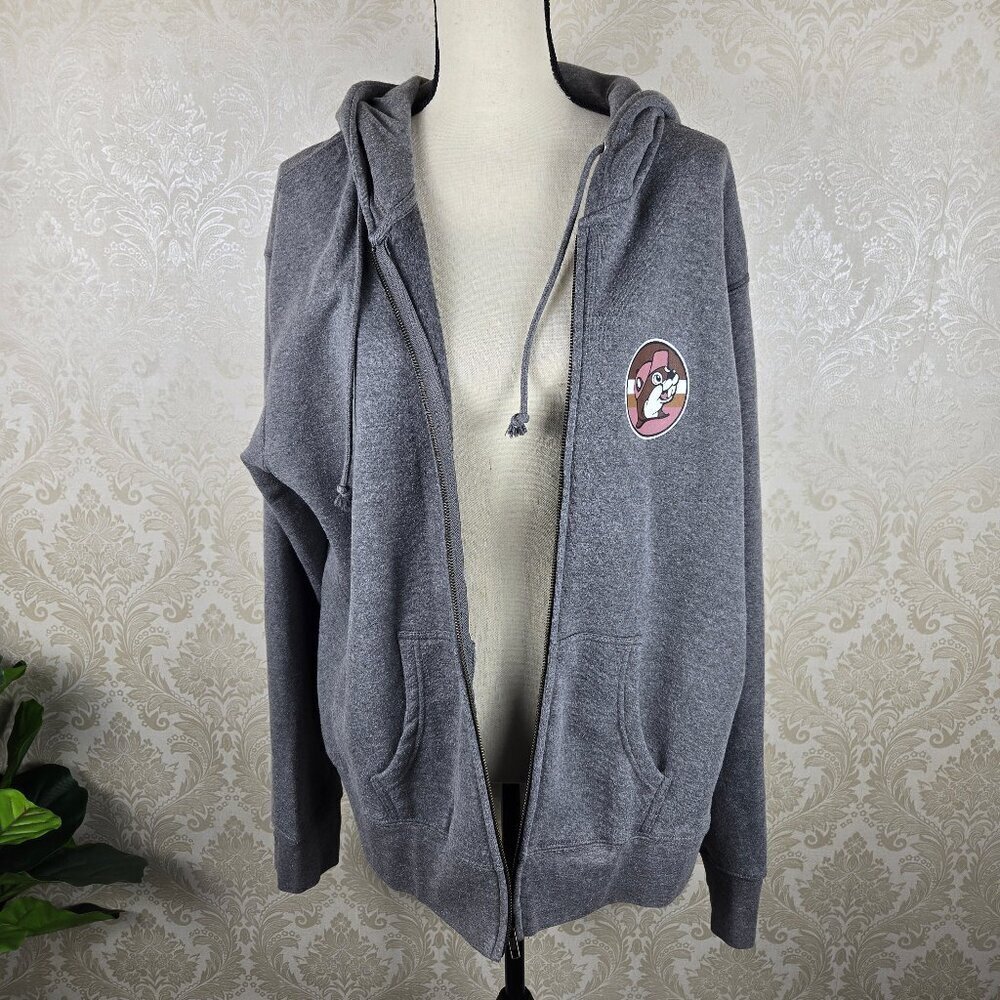 Buc-ee's Size 2XL Gray Zip Front Jacket Drawstring Hood Front Pockets Thumbholes